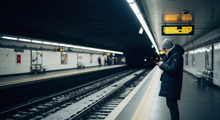 A man in a black jacket with a hood on his head is waiting for the train at the station.の素材
