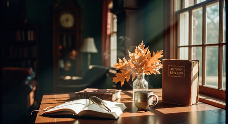 A cup of coffee on the table near the window with a book.の素材