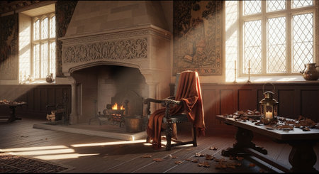 3d render of a medieval castle interior with a fireplace and a wooden floorの素材