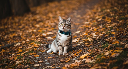 Cute tabby cat sitting on the ground in the autumn parkの素材