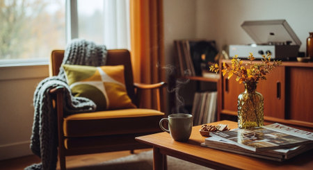 Cozy living room with a cup of coffee and a book.の素材