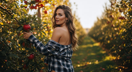 Beautiful young woman in plaid shirt picking apples in orchardの素材