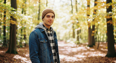 Handsome young man walking in the autumn forest. Young man wearing jeans jacket and hat.の素材