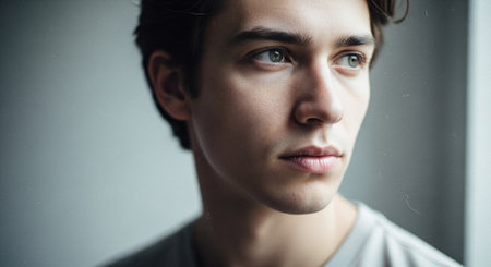 Portrait of a young man looking at the camera through the windowの素材