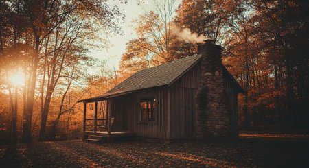 Wooden house in the autumn forest. Vintage retro style tonedの素材