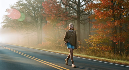 Beautiful young woman walking on the road in the autumn forest.の素材