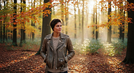 Young man in autumn forest. Outdoor portrait of young man in autumn forest.の素材