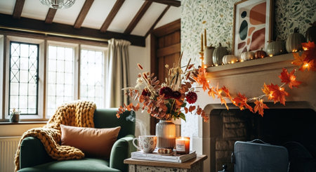 Beautiful autumn composition in the interior of the living room with a fireplace and a sofaの素材