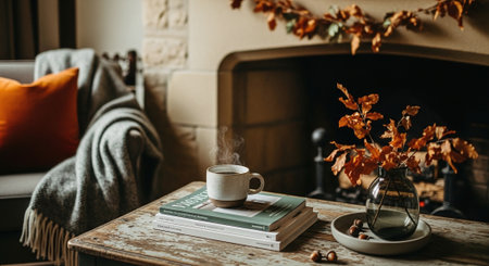 Cup of coffee on a wooden table in the living room with autumn leaves and booksの素材