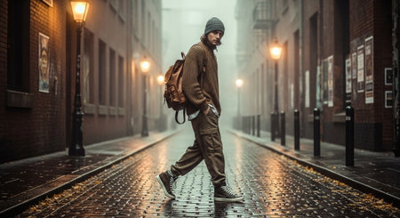 Handsome young man with a backpack in the city at nightの素材