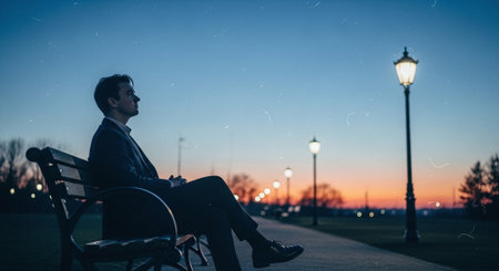 Businessman sitting on a bench in the park and looking at the sunsetの素材
