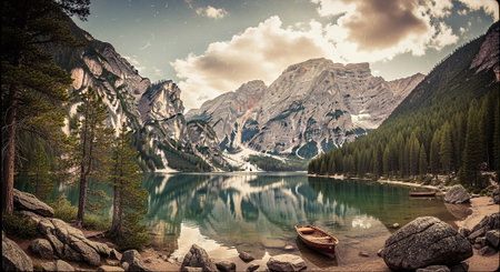 Lago di Braies lake in Dolomites mountains, Italy.の素材