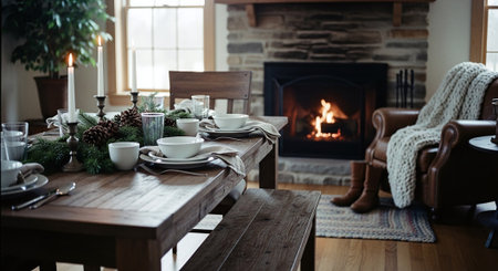 Interior of a cozy living room with fireplace and christmas decorationsの素材
