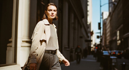 Beautiful young woman in beige coat walking in the city.の素材
