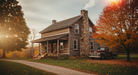 A classic house in the middle of a rural setting in autumn.の素材