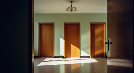 Interior of a hotel room with wooden doors and sunlight shining through themの素材
