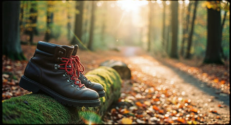 A pair of hiking boots standing on a log in the autumn forestの素材