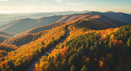 Aerial view of autumn mountain landscape with colorful forest and road.の素材