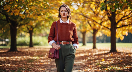 Portrait of a young beautiful woman in a sweater and trousers walking in the autumn park.の素材
