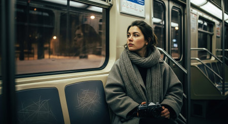 Young woman in a gray coat and scarf in a subway car with a camera.の素材