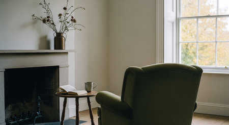 Cozy living room with green armchair, coffee cup and bookの素材
