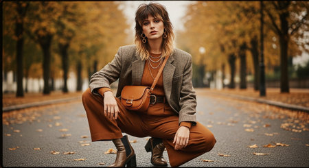 Fashionable young woman sitting on the road in autumn park.の素材