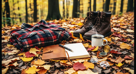 Coffee cup, notebook, glasses, plaid shirt and boots on autumn leaves.の素材