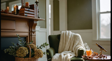 Cozy living room interior with armchair, candles and knitted plaidの素材