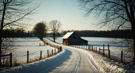 Winter rural landscape with snow covered road and old farm house at sunsetの素材