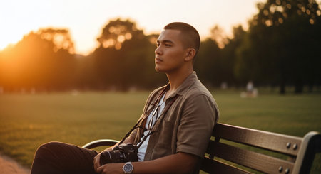 Young man sitting on a bench in the park and looking away.の素材
