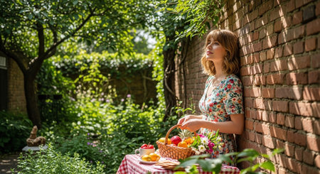 Beautiful woman with basket of fresh fruits and vegetables in the gardenの素材
