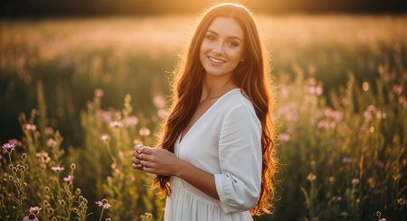 Beautiful young woman in a field of daisies at sunsetの素材