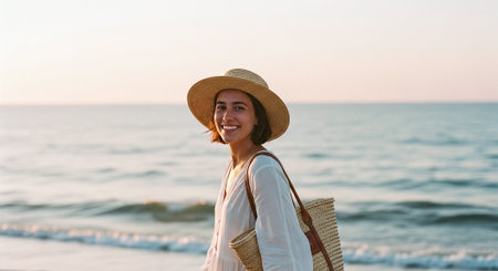 Portrait of a beautiful young woman in straw hat and sunglasses standing on the beach at sunsetの素材