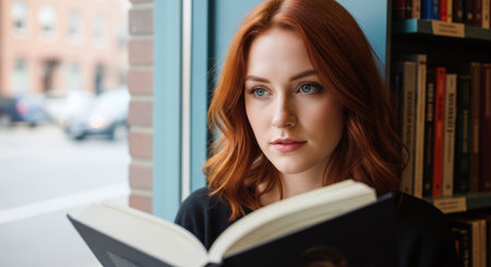 Beautiful young redhead woman reading a book in the library.の素材