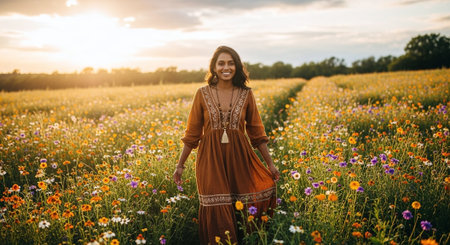 Beautiful hippie girl posing in a field of flowers at sunsetの素材