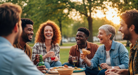 Group of multiethnic friends having dinner together in the park.の素材