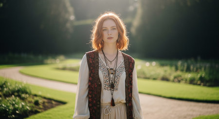 Portrait of a beautiful red-haired girl in a boho style.の素材