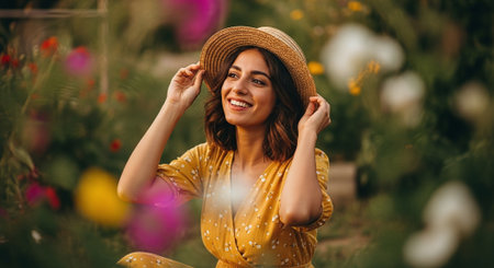 Portrait of a beautiful smiling young woman in a straw hat and yellow dress sitting in the garden.の素材