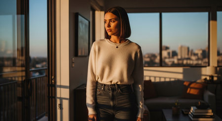 Portrait of a beautiful young woman in casual clothes standing by the window at homeの素材