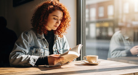 Attractive young woman reading a book while sitting at a table in a cafeの素材