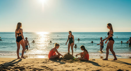 Group of happy young people playing with sand on the beach at sunsetの素材