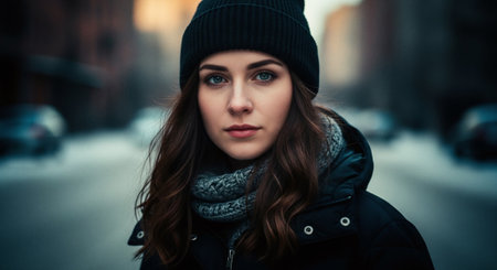 Portrait of a beautiful young woman in winter coat and hat.の素材