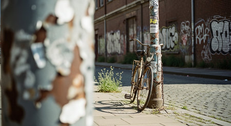 Bicycle leaning against a street wall with graffiti in the background.の素材