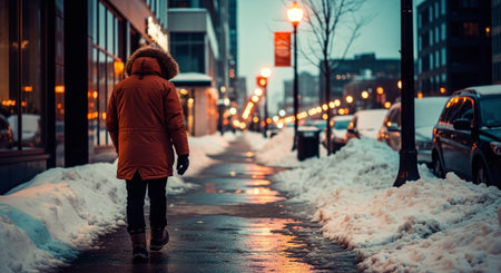 A young woman is walking along a snowy street in the evening.の素材