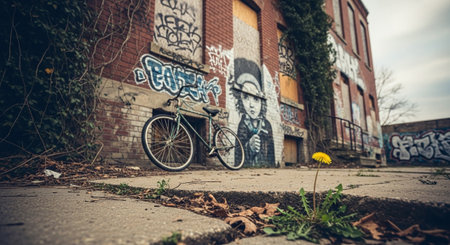 Vintage bicycle in front of a graffiti wall in Berlin, Germanyの素材