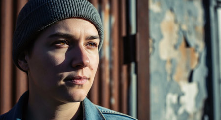 Portrait of a young man in a hat and jeans jacket.の素材