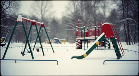Playground in the park in winter. Winter playground for children.の素材