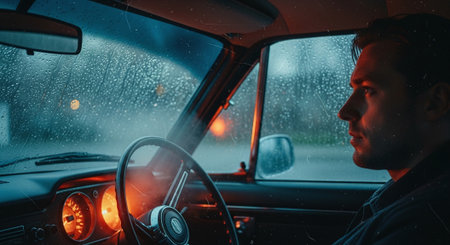 Man driving a car in the rain on a rainy day. Side view.の素材