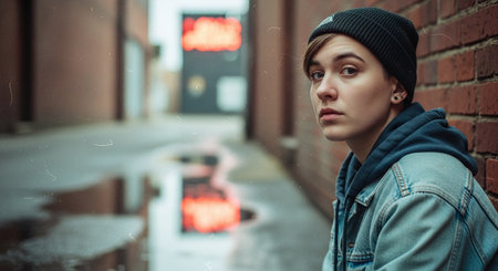 Portrait of a beautiful young woman in a denim jacket and a knitted hat in the city.の素材
