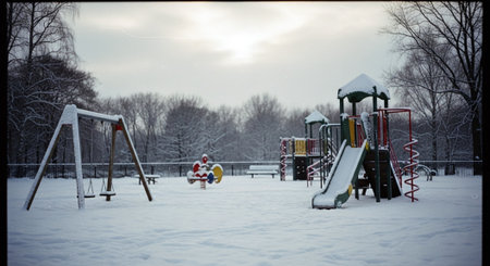 Playground in the park in winter with snow in the background.の素材